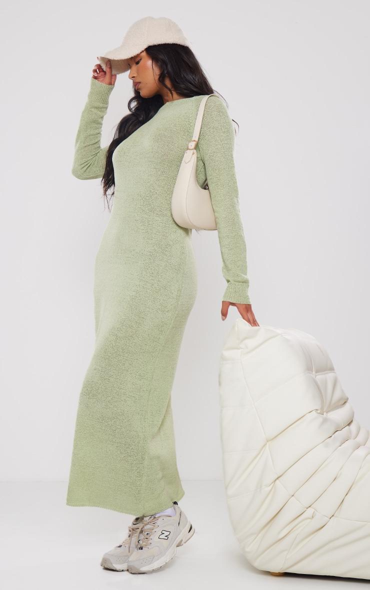 Sage Green Bobble Knit Long Sleeve Maxi Dress Product Image