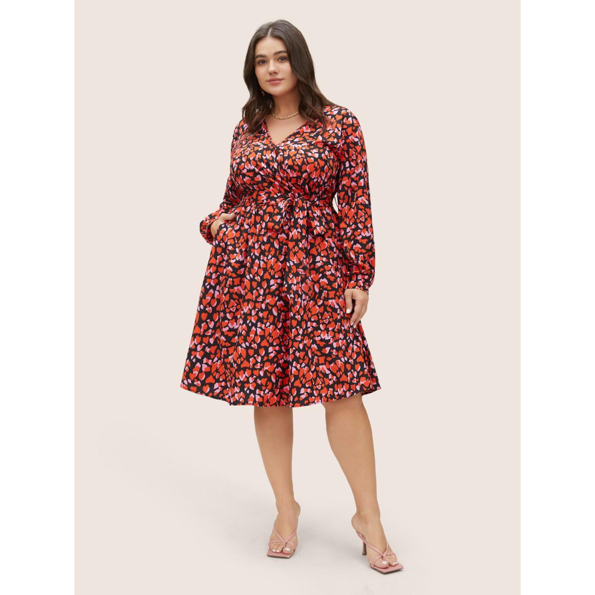 Plus Size Heart Allover Print Belted Surplice Neck Dress Black Women Elegant Wrap Overlap Collar Long Sleeve Curvy Midi Dress BloomChic 14-16/1X Product Image