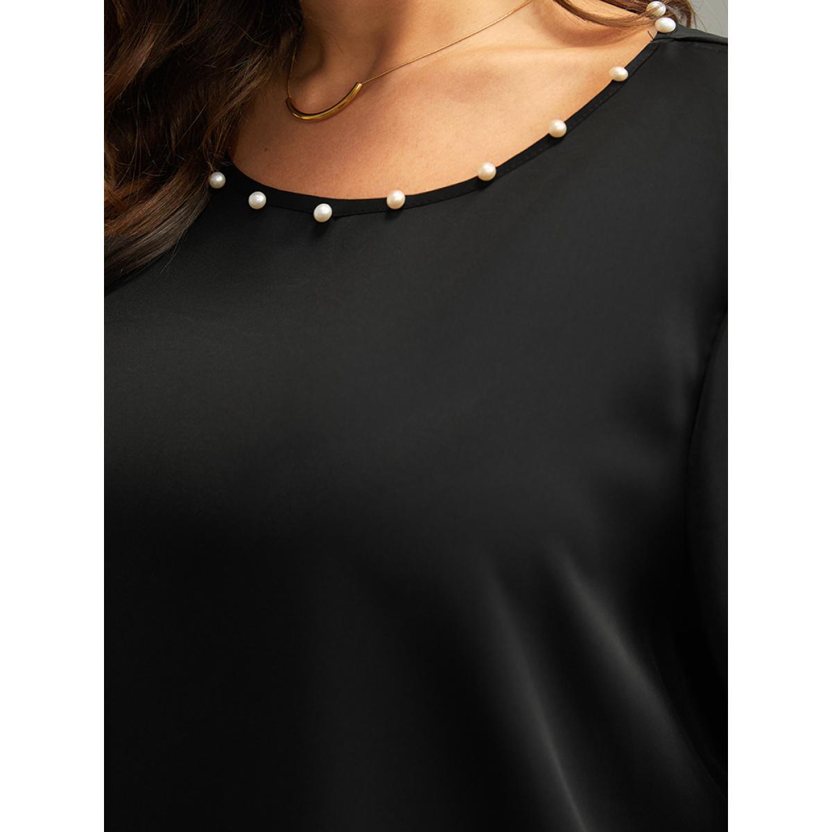 Plus Size Black Anti-Wrinkle Pearl Beaded Ruffle Layered Sleeve Blouse Women Glamour Long Sleeve Round Neck Going out Blouses BloomChic 22-24/3X Product Image