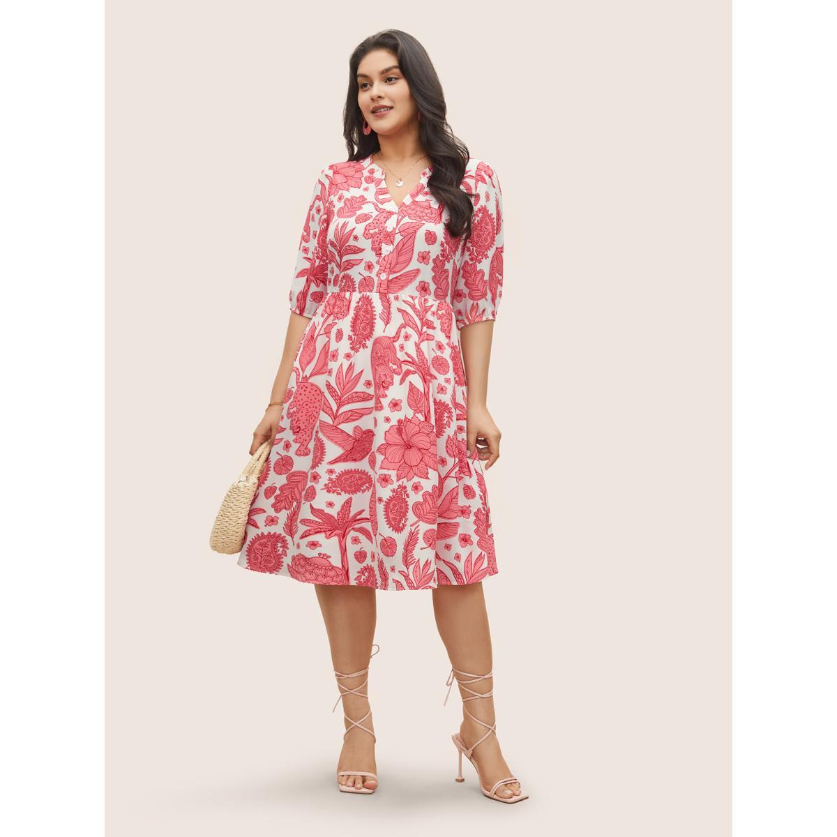 Plus Size Plants & Animal Print Notched Lantern Sleeve Dress Yellow Women Resort Non Notched collar Short sleeve Curvy Midi Dress BloomChic 18-20/2X Product Image