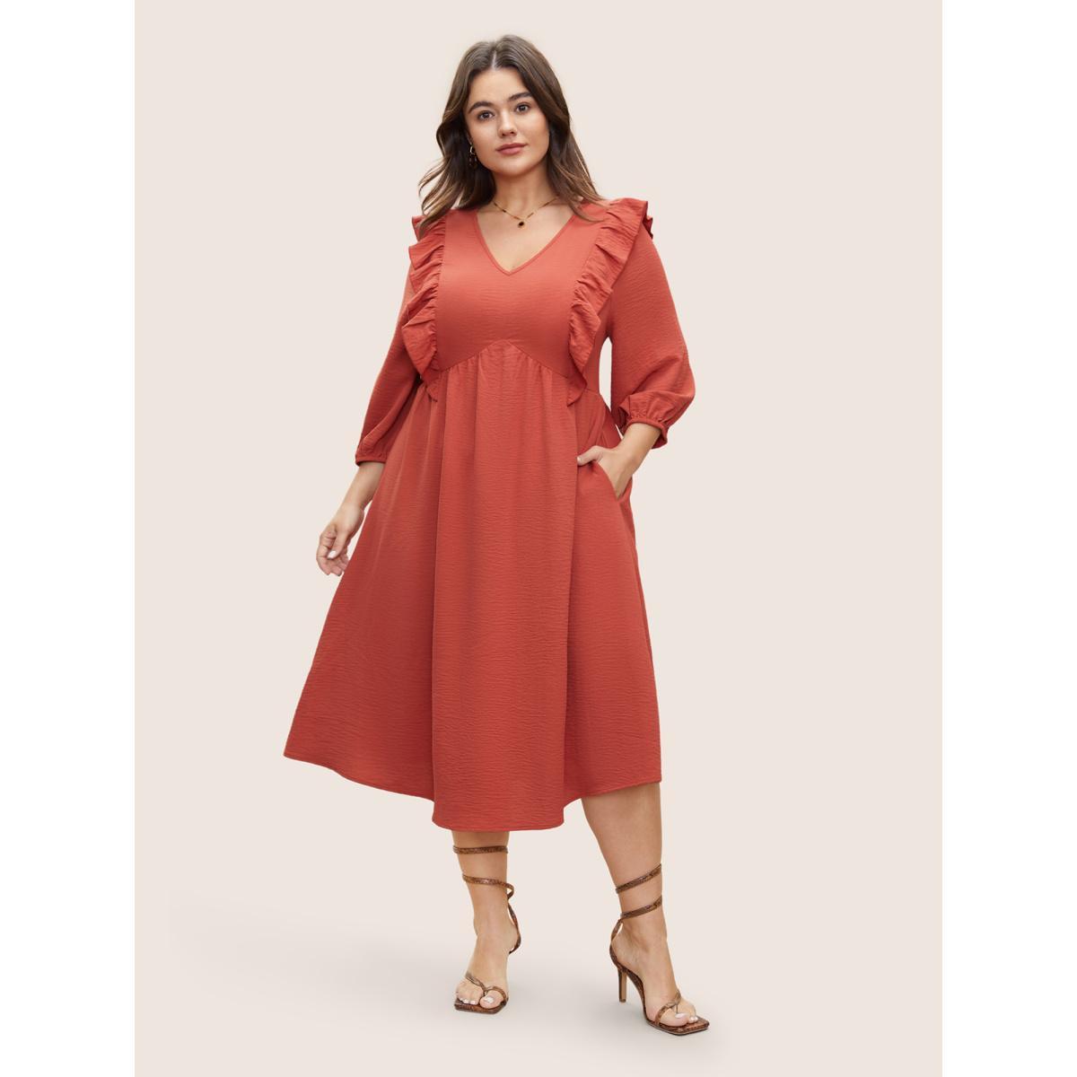 Plus Size Patchwork Ruffles Pocket Elastic Waist Crepe Dress OrangeRed Women Elegant Non V-neck Elbow-length sleeve Curvy Midi Dress BloomChic 26/4X Product Image