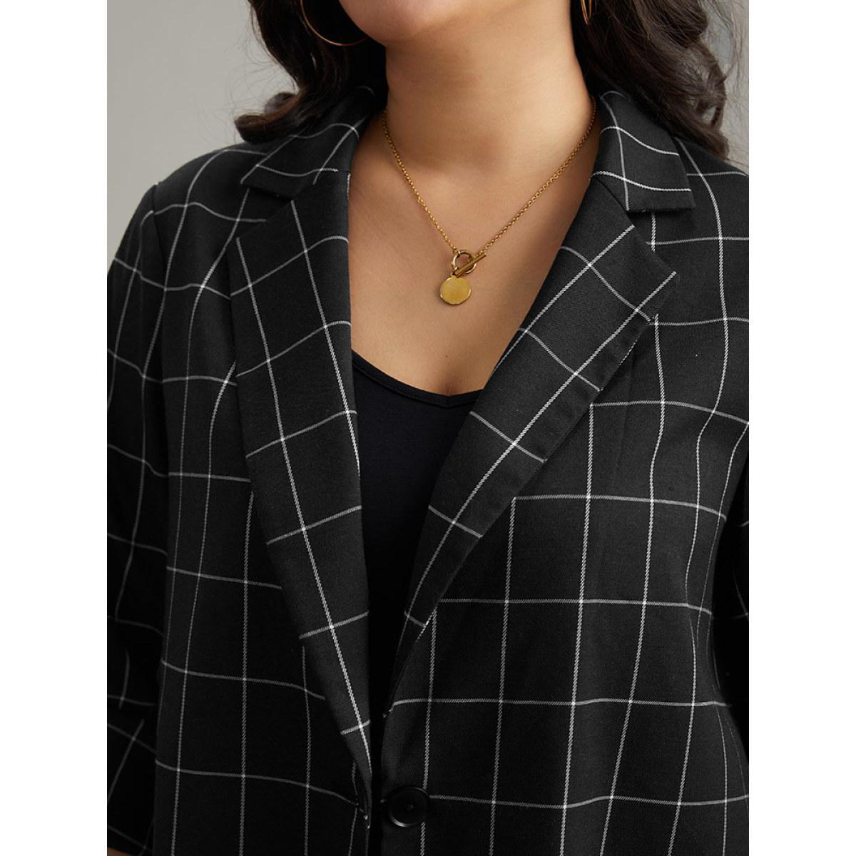 Plus Size Plaid Suit Collar Tab Sleeve Button Up Blazer Black Women Dailywear Plaid Contrast Sleeve Long Sleeve Suit Collar 18-20/2X Casual Blazers BloomChic Product Image