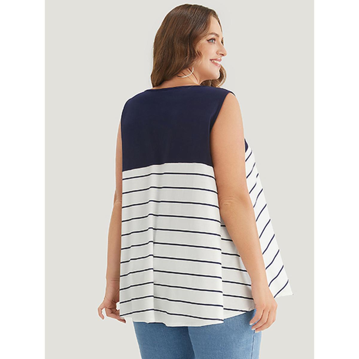 Plus Size Striped Patchwork Pocket Tank Top Women Navy Casual Round Neck Dailywear Tank Tops Camis BloomChic 14-16/1X Product Image