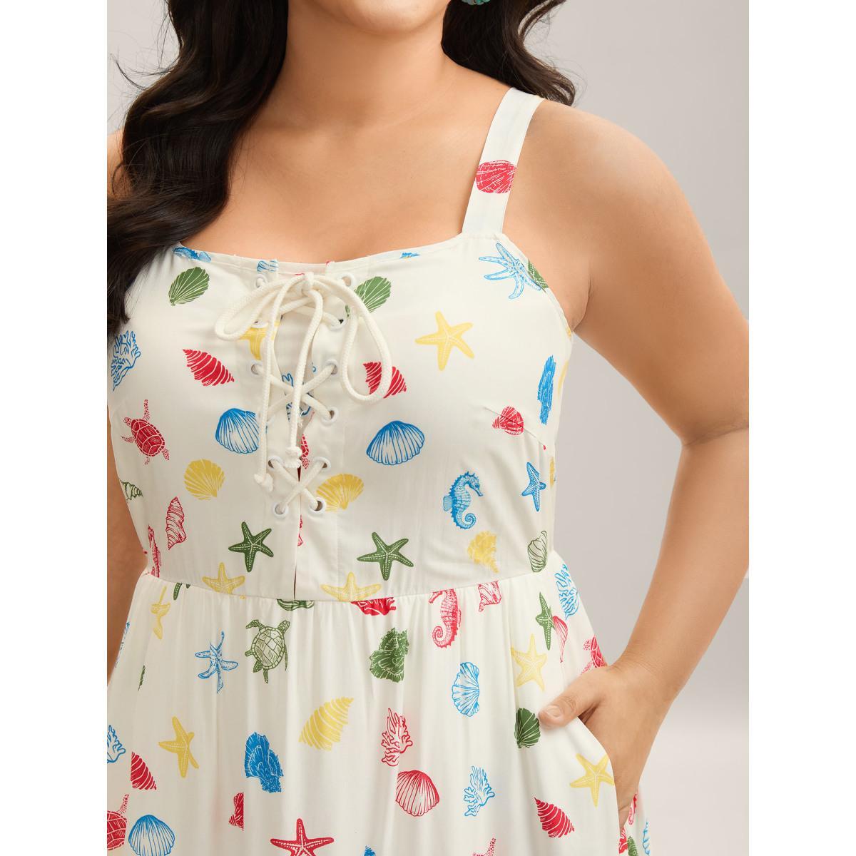 Plus Size Ocean Print Adjustable Straps Pockets Midi Dress Beige Women Non Sleeveless Curvy BloomChic 26/4X Product Image