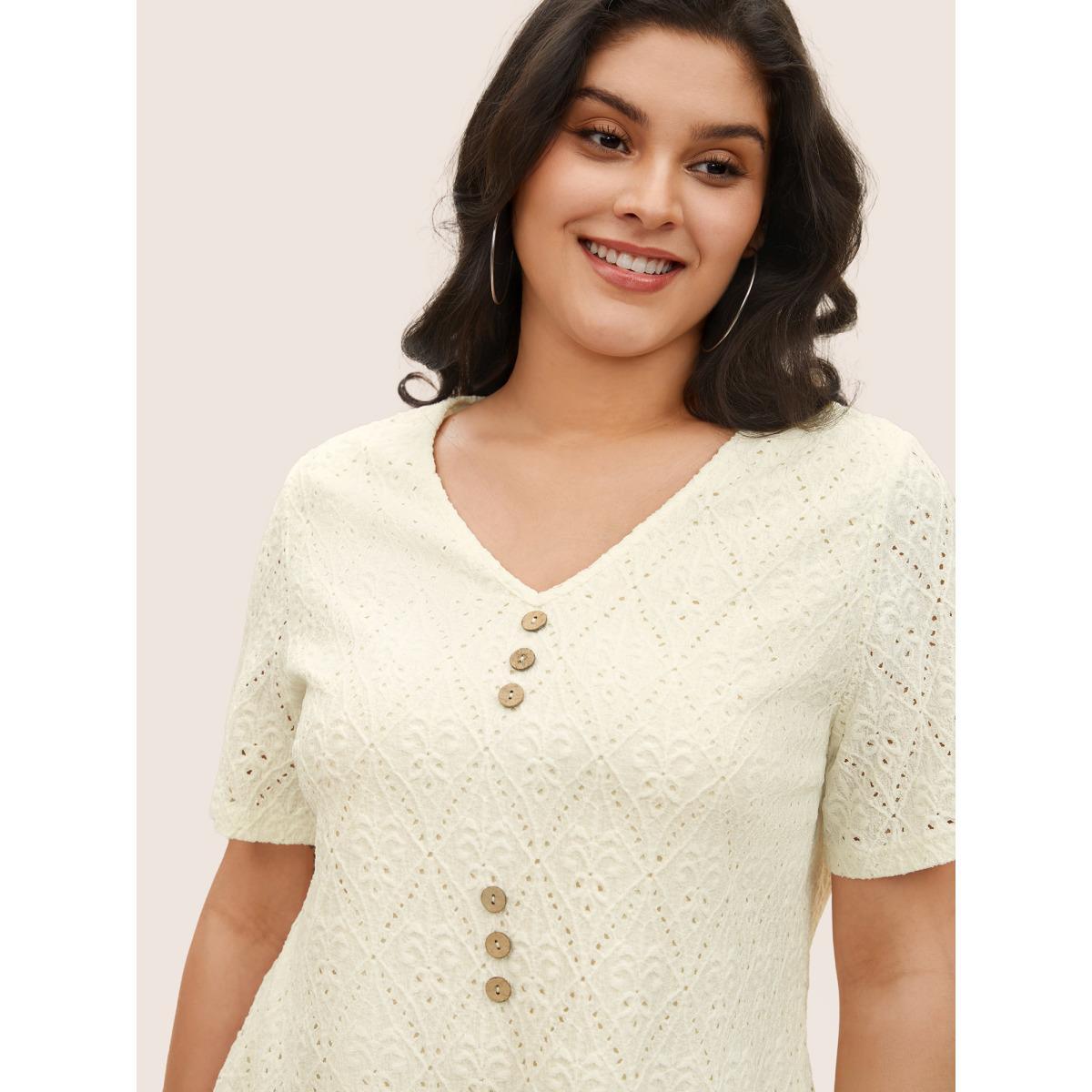 Plus Size Solid Plisse V Neck Button Detail T-shirt White Women Casual Texture Plain V-neck Everyday T-shirts BloomChic 22-24/3X Product Image