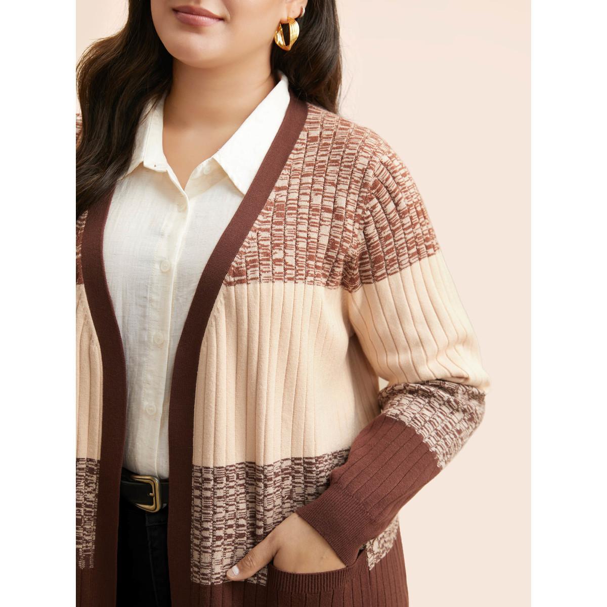 Plus Size Supersoft Essentials Textured Colorblock Contrast Cardigan Yellowishbrown Women Casual Loose Long Sleeve Everyday Cardigans BloomChic 22-24/3X Product Image