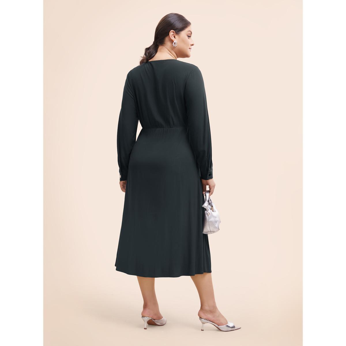 Plus Size Stretch Woven Button Pleated Midi Dress Black Women At the Office Pleated Round Neck Long Sleeve Curvy BloomChic 30/6X Product Image