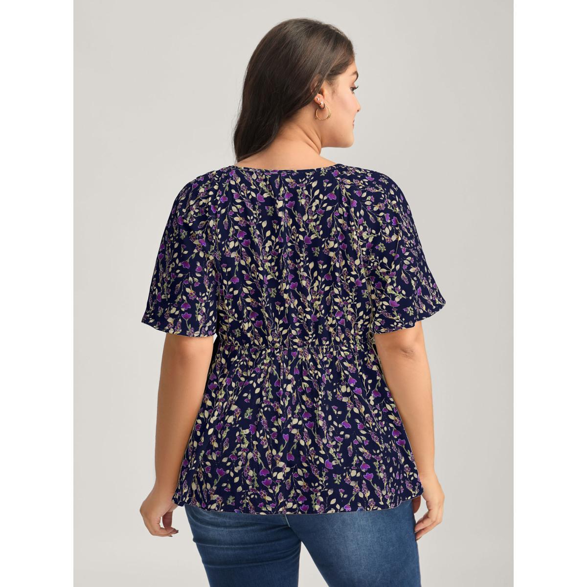 Plus Size Indigo Bust-Comfort Floral Print Tie Blouse Women Short sleeve V-neck Everyday-Elegant Blouses BloomChic 22-24/3X Product Image
