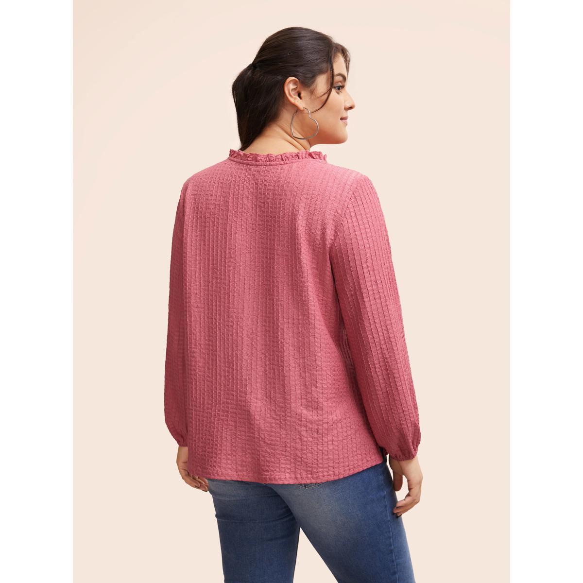 Plus Size Textured Tie Knot Lantern Sleeve T-shirt Beanpastepowder Women Casual Tie knot V-neck Everyday T-shirts BloomChic 10/M Product Image