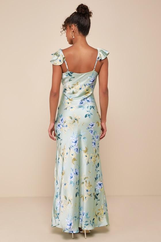 Captivating Grace Sage Green Floral Satin Ruffled Maxi Dress Product Image