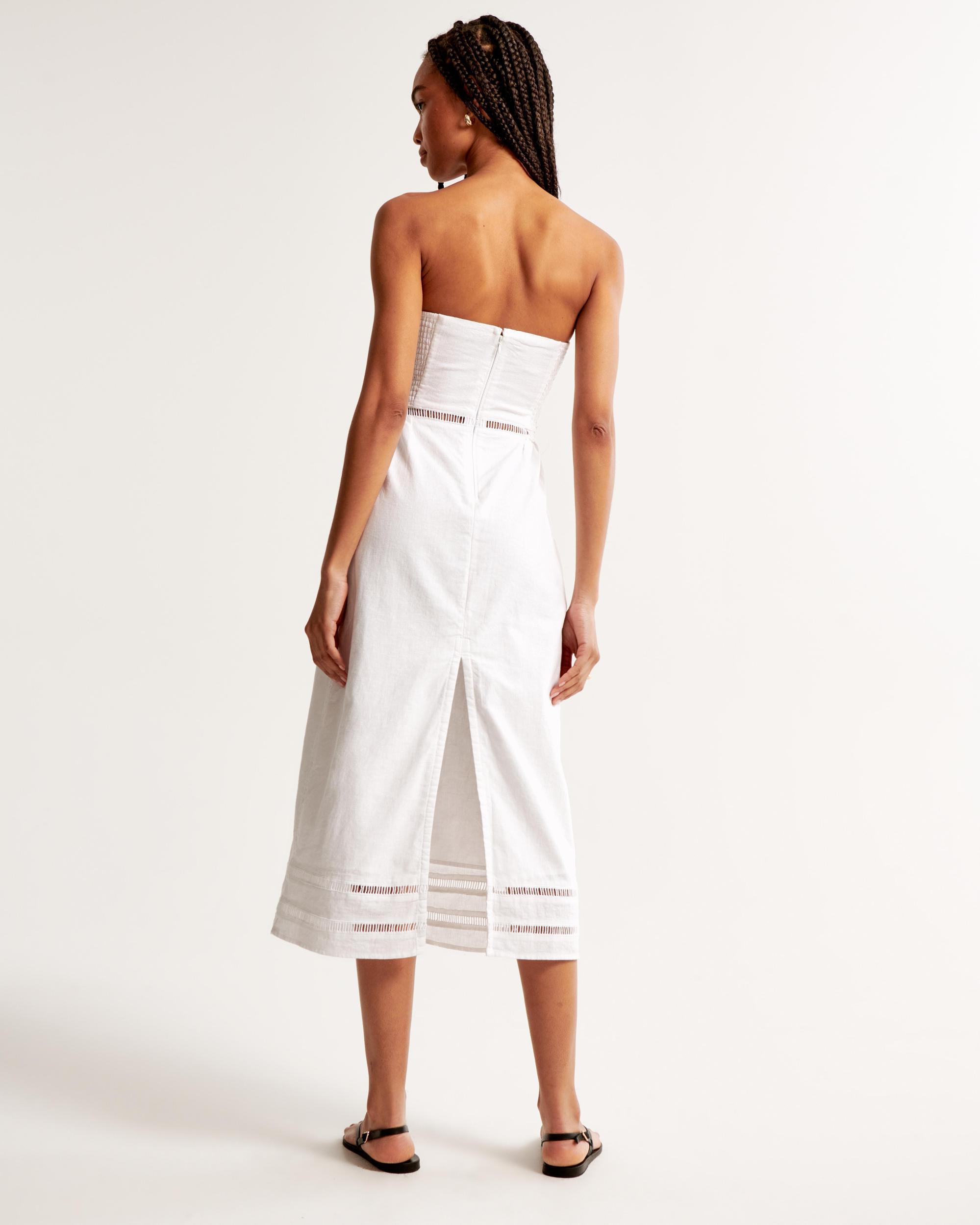 Linen-Blend Strapless Lace-Trim Midi Dress Product Image