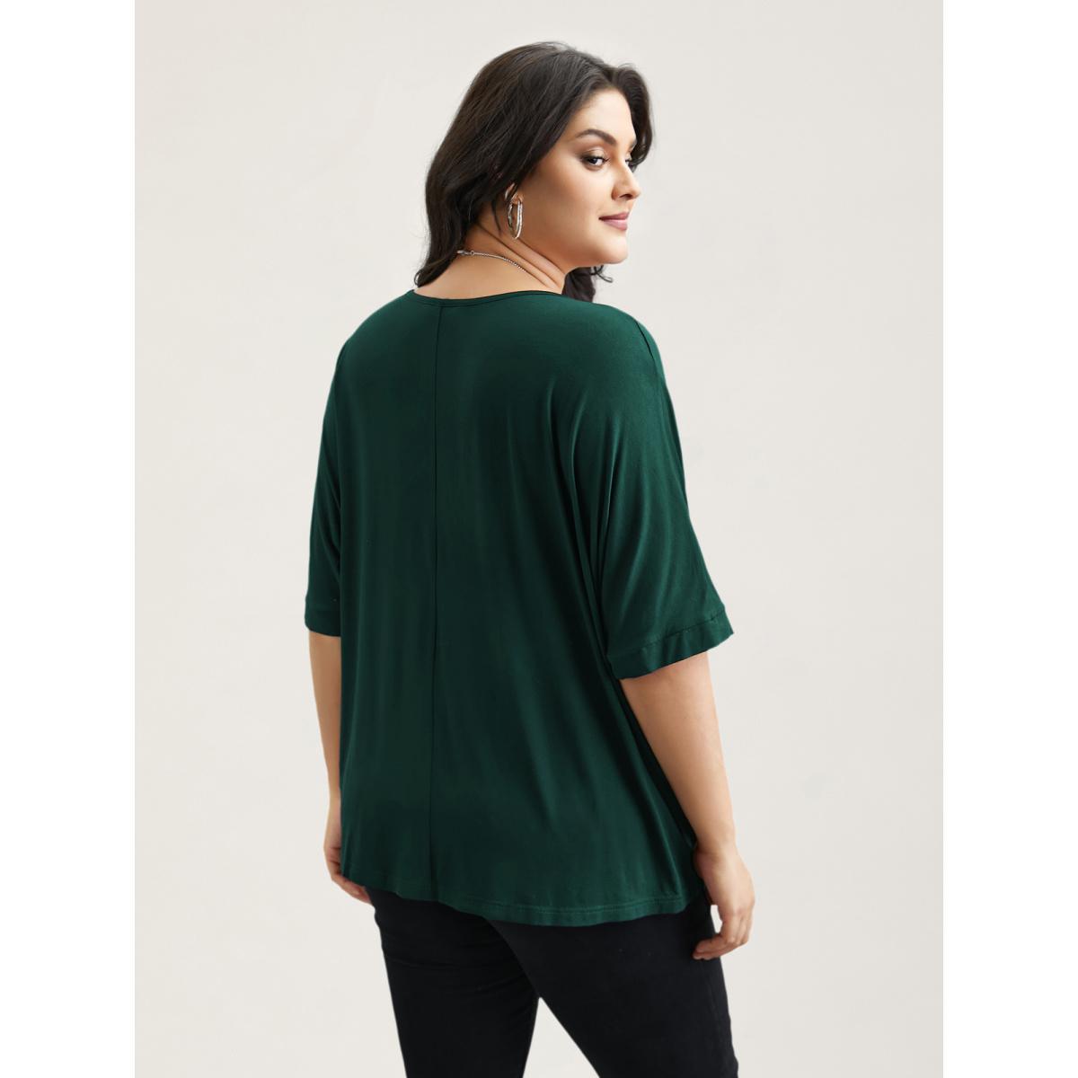 Plus Size Supersoft Round Neck Plain T-Shirt DarkGreen Women Casual Non Round Neck Everyday T-shirts BloomChic 18-20/2X Product Image