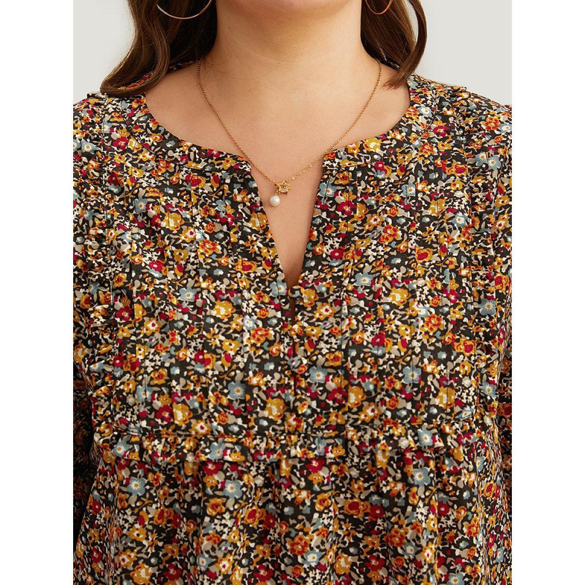 Plus Size Multicolor Ditsy Floral Notched Frill Trim Blouse Women Elegant Long Sleeve Notched collar Dailywear Blouses BloomChic 30/6X Product Image
