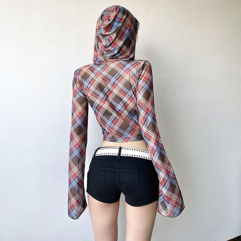 Flared-Sleeve Cowl Neck Plaid Cropped T-Shirt Product Image