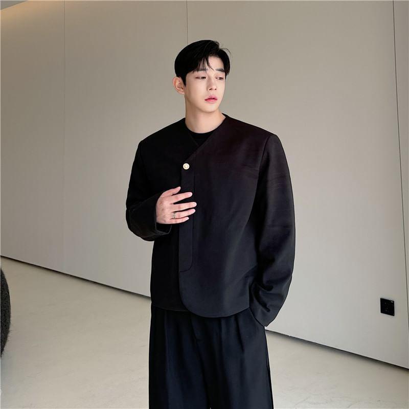 V-Neck Button-Up Plain Jacket Product Image