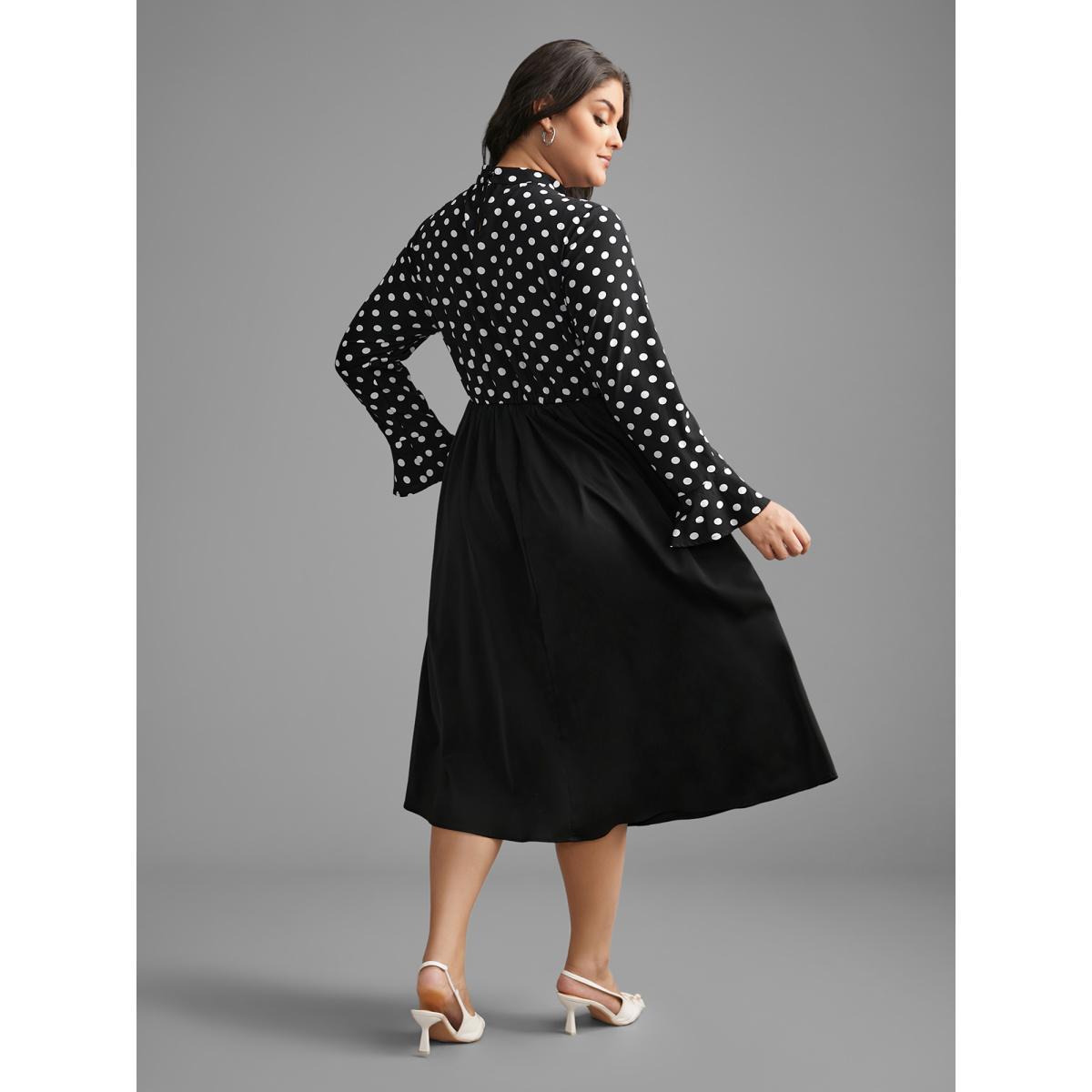 Plus Size Polka Dot Patchwork Keyhole Dress Black Women At the Office Patchwork Mock Neck Long Sleeve Curvy BloomChic 14-16/1X Product Image