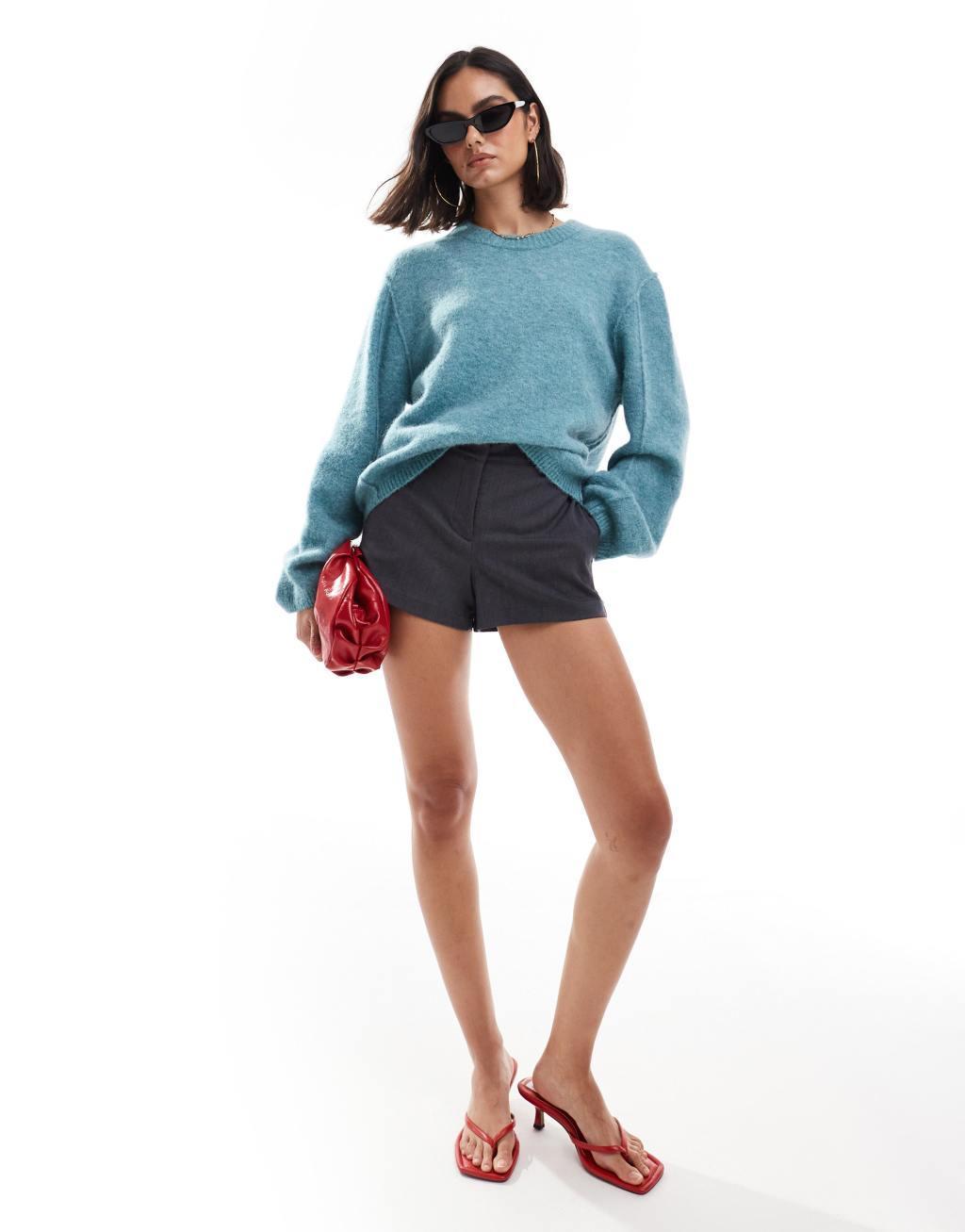 & Other Stories alpaca and wool blend fluffy knit sweater in teal blue Product Image