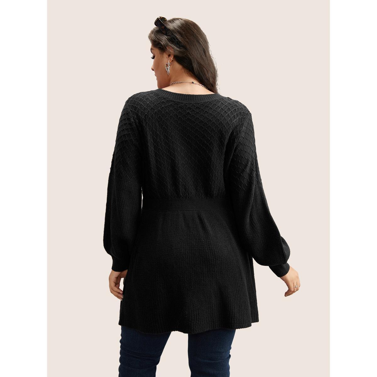 Plus Size Plain Plisse Lantern Sleeve A Line Pullover Black Women Elegant Long Sleeve V-neck Everyday Pullovers BloomChic 28/5X Product Image
