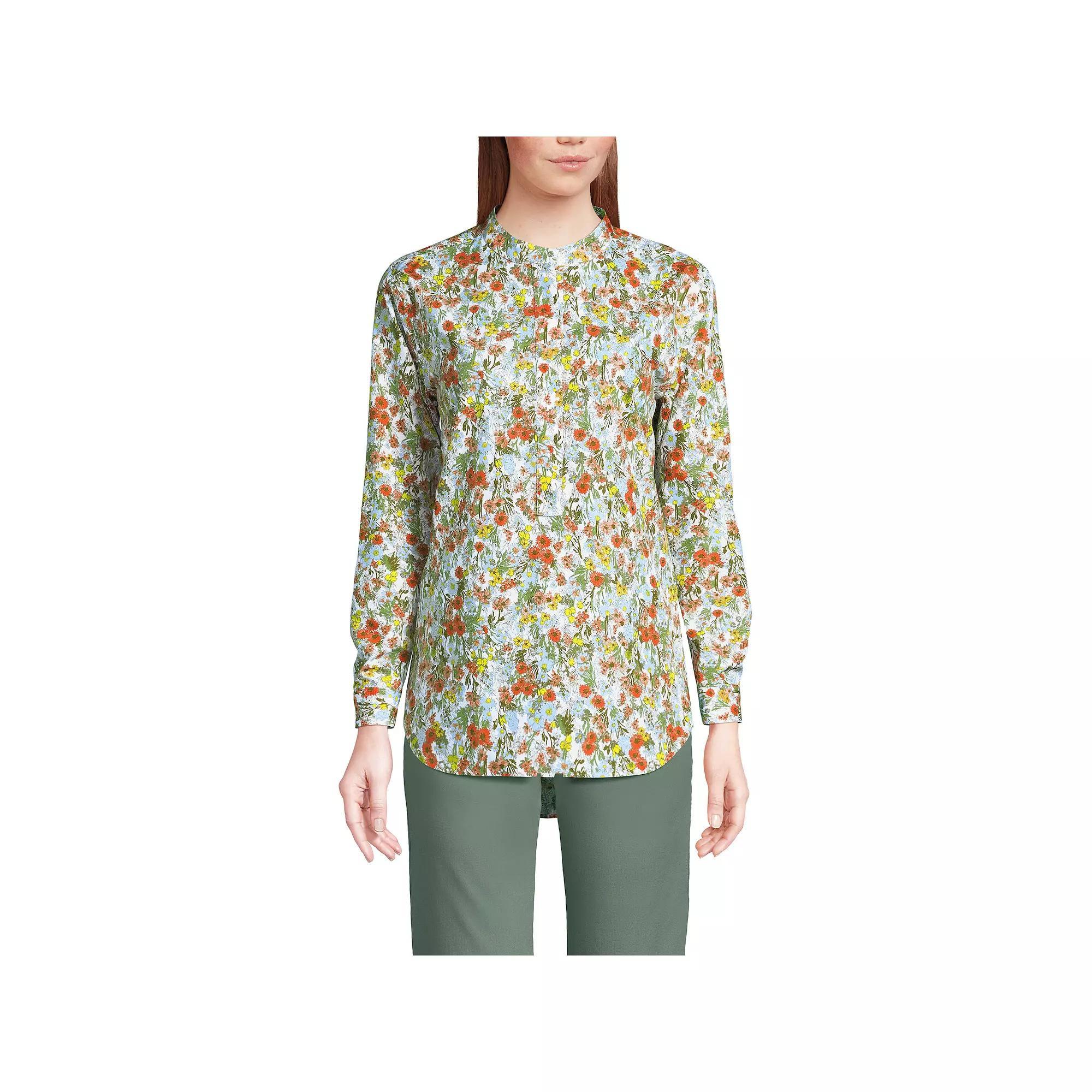Women's Lands' End No Iron Long Sleeve Banded Collar Popover Shirt, Size: Medium, Multi Line Stripe Product Image