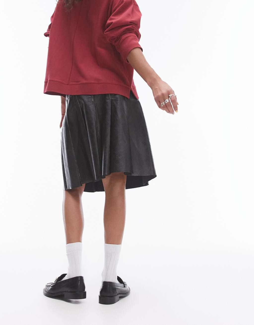 Topshop faux leather pleated 90s length skirt in washed dark brown  Product Image