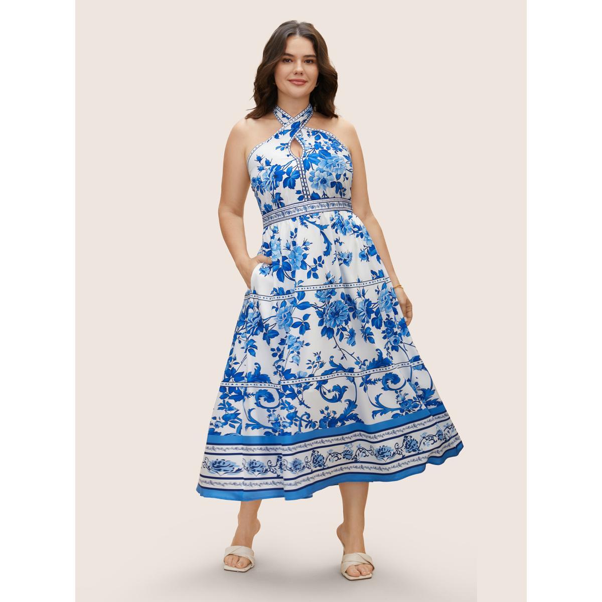 Plus Size Boho Print Halter Neck Shirred Tie Knot Dress LightBlue Women Elegant Tie knot Halter neck Sleeveless Curvy BloomChic 12/L Product Image