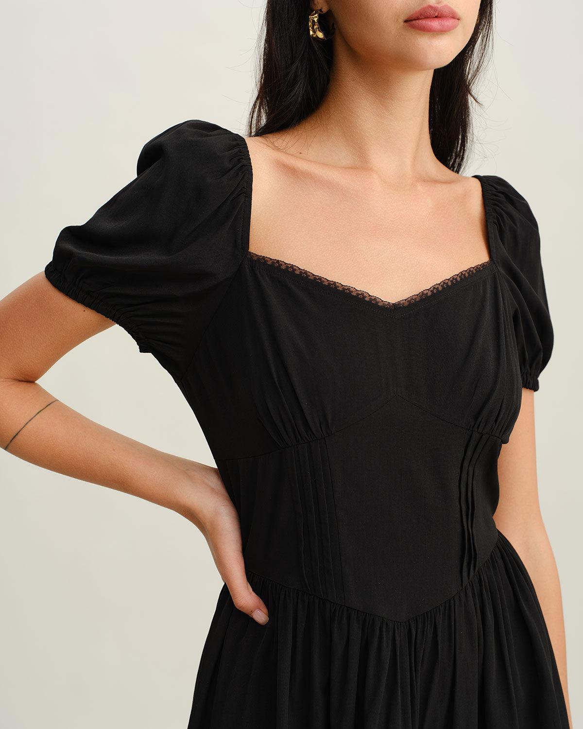 Black Sweetheart Neck Puffed Sleeve Mini Dress Product Image