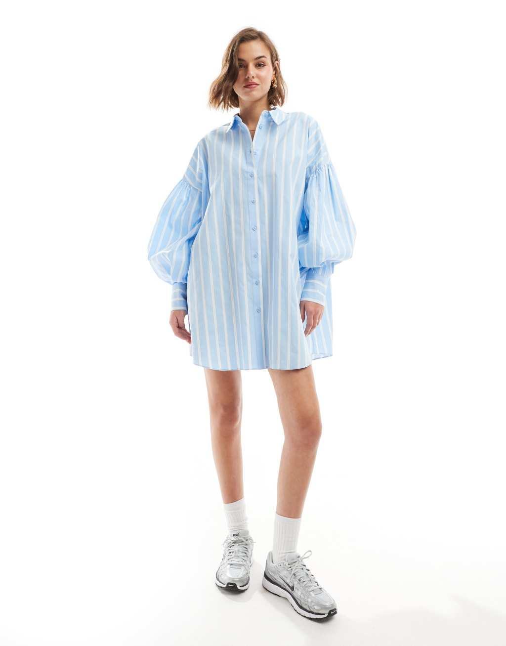 ASOS DESIGN boyfriend shirt mini dress with blouson sleeve in light blue & white stripe Product Image