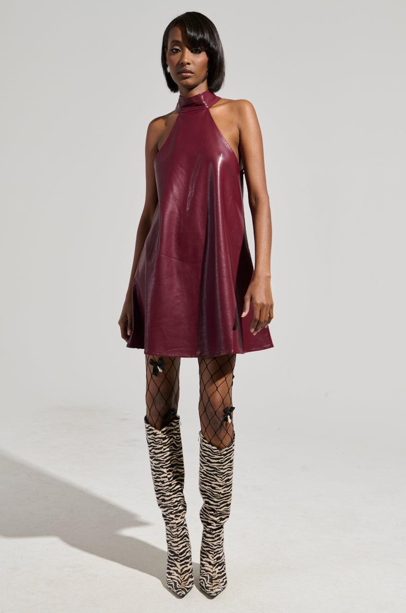 TAKE IT EASY PU MINI DRESS IN BURGUNDY Product Image