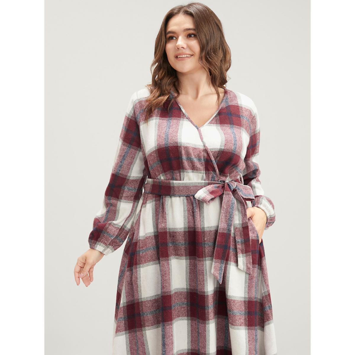 Plus Size Plaid Surplice Neck Pocket Belted Midi Dress Scarlet Women Elegant V-neck Long Sleeve Curvy Midi Dress BloomChic 14-16/1X Product Image