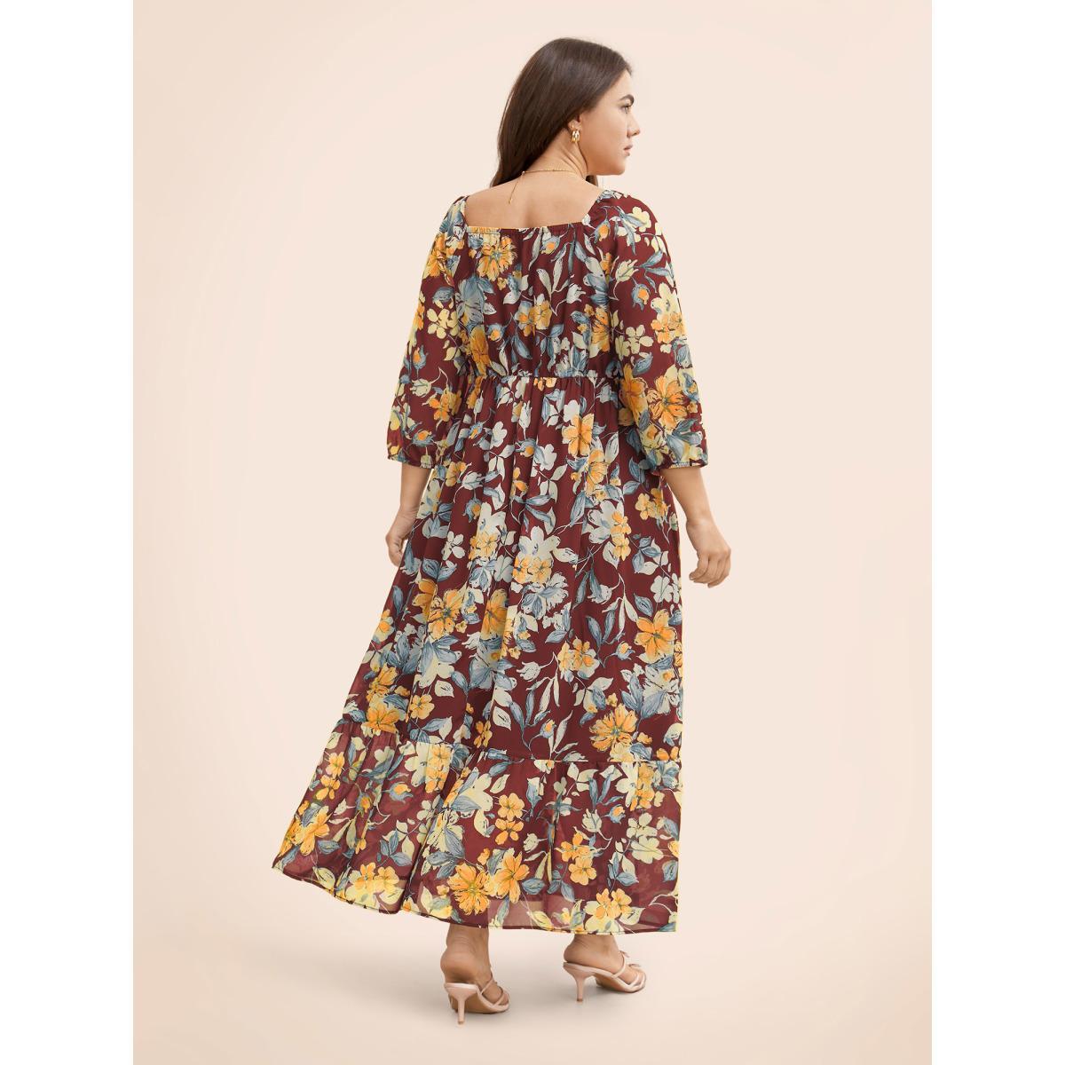 Plus Size Floral Heart Neckline Woven Ribbon Gathered Dress Burgundy Women Elegant Woven ribbon&lace trim Heart neckline Elbow-length sleeve Curvy BloomChic 26/4X Product Image