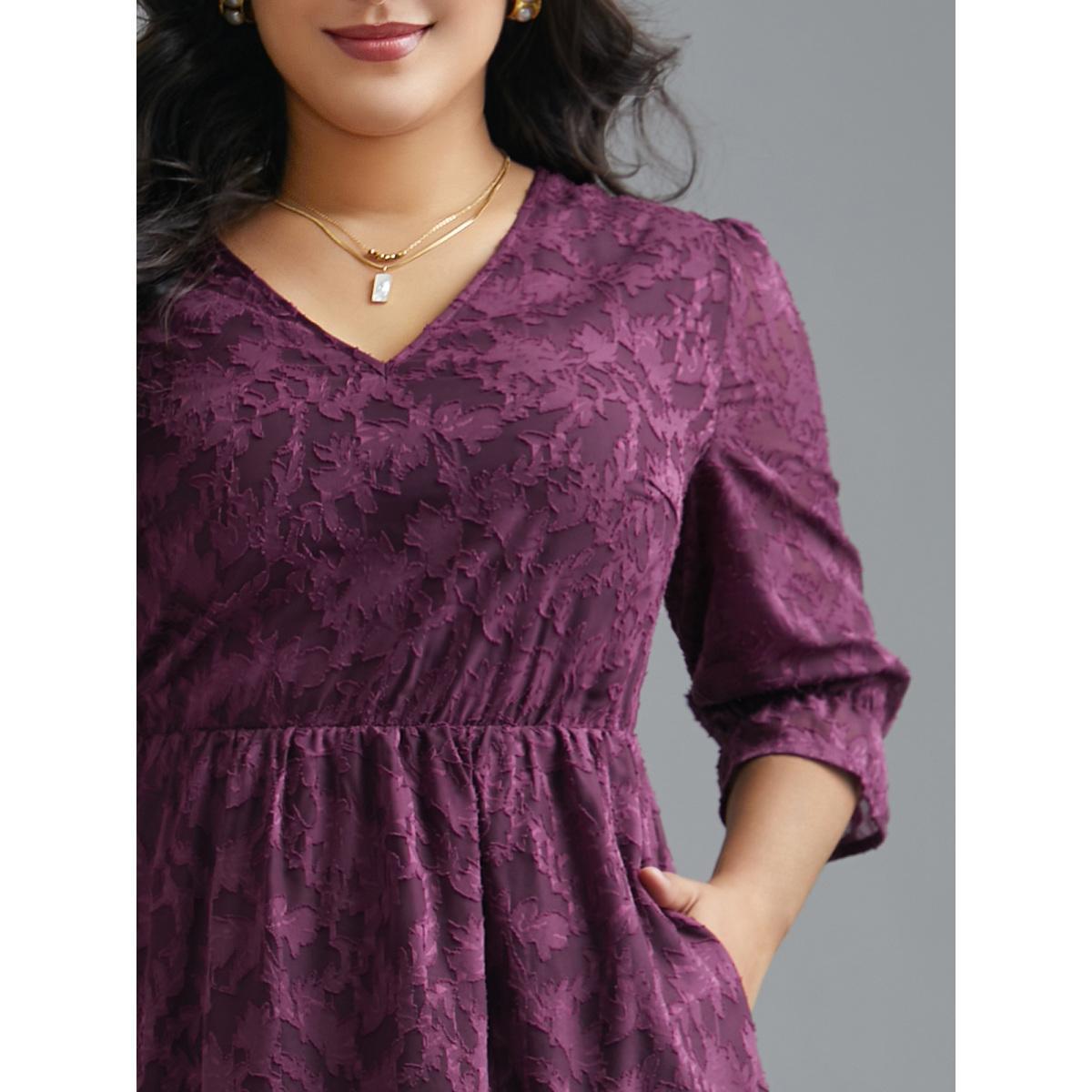 Plus Size V Neck Burn-out Fabric Midi Dress Deeppurplered Women Elegant Texture V-neck Elbow-length sleeve Curvy BloomChic 12/L Product Image