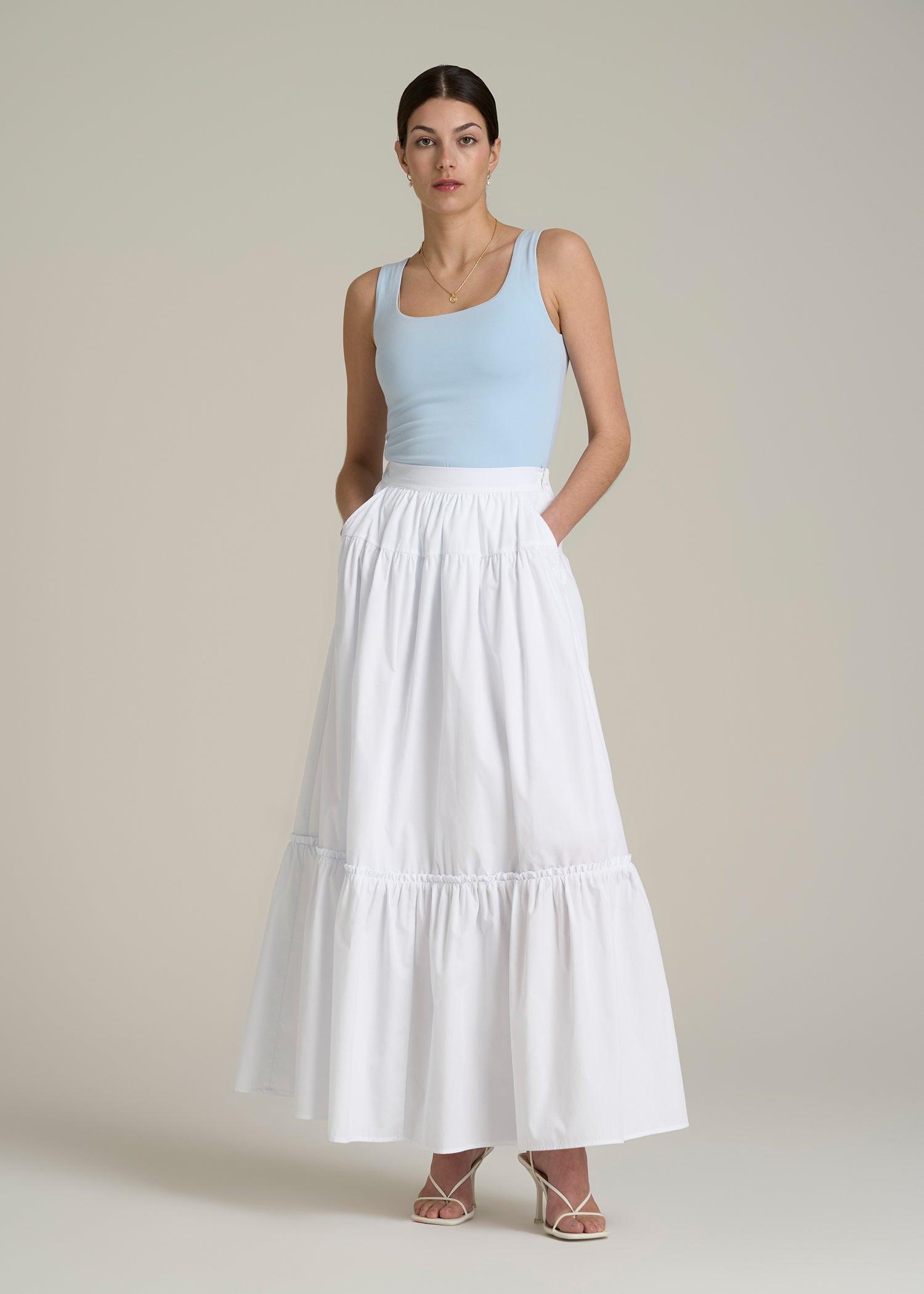 Tiered Cotton Maxi Skirt for Tall Women in White Product Image