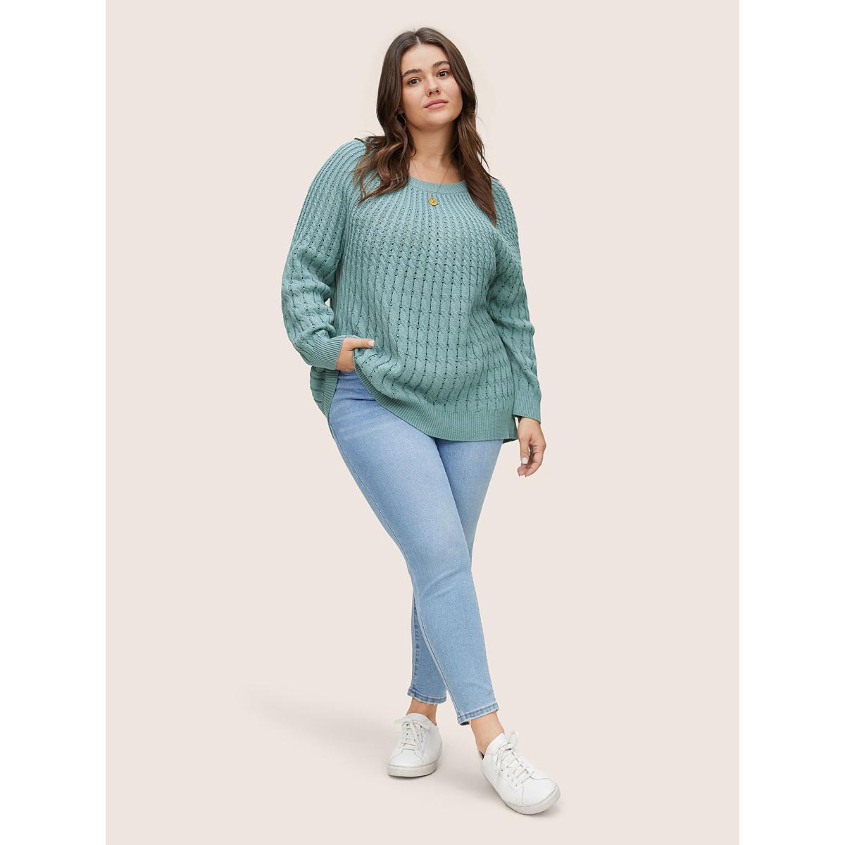 Plus Size Cotton Blended Cable Knit Raglan Sleeve Pullover Teal Women Casual Long Sleeve Round Neck Everyday Pullovers BloomChic 30/6X Product Image