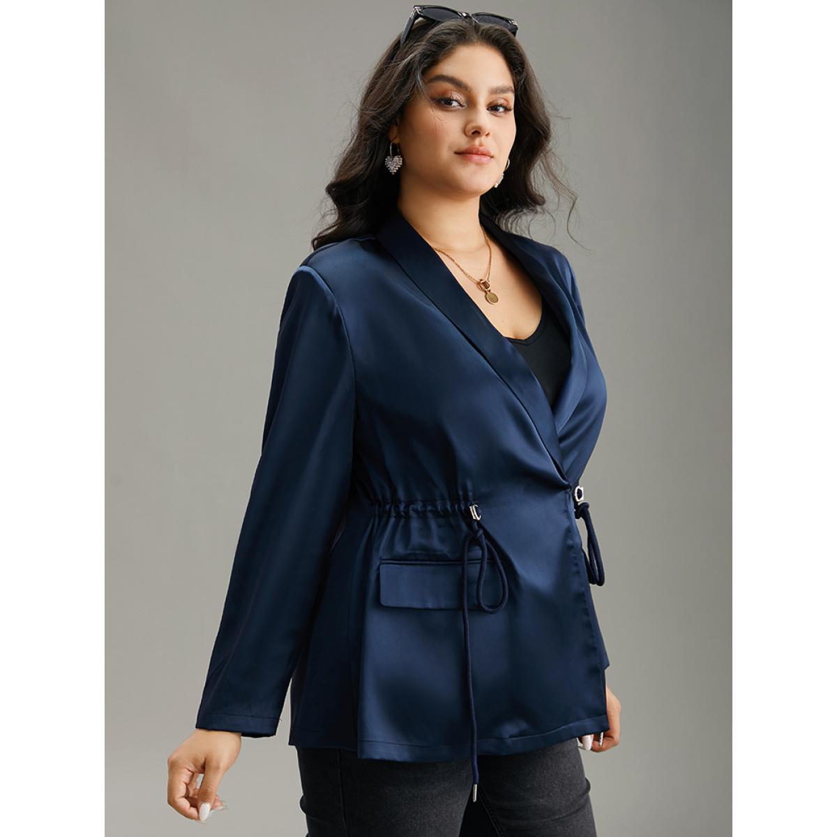 Plus Size Suit Collar Flap Pocket Drawstring Ties Blazer DarkBlue Women Work Plain Plain Sleeve Long Sleeve Suit Collar 30/6X Pocket Work From Home Blazers BloomChic Product Image