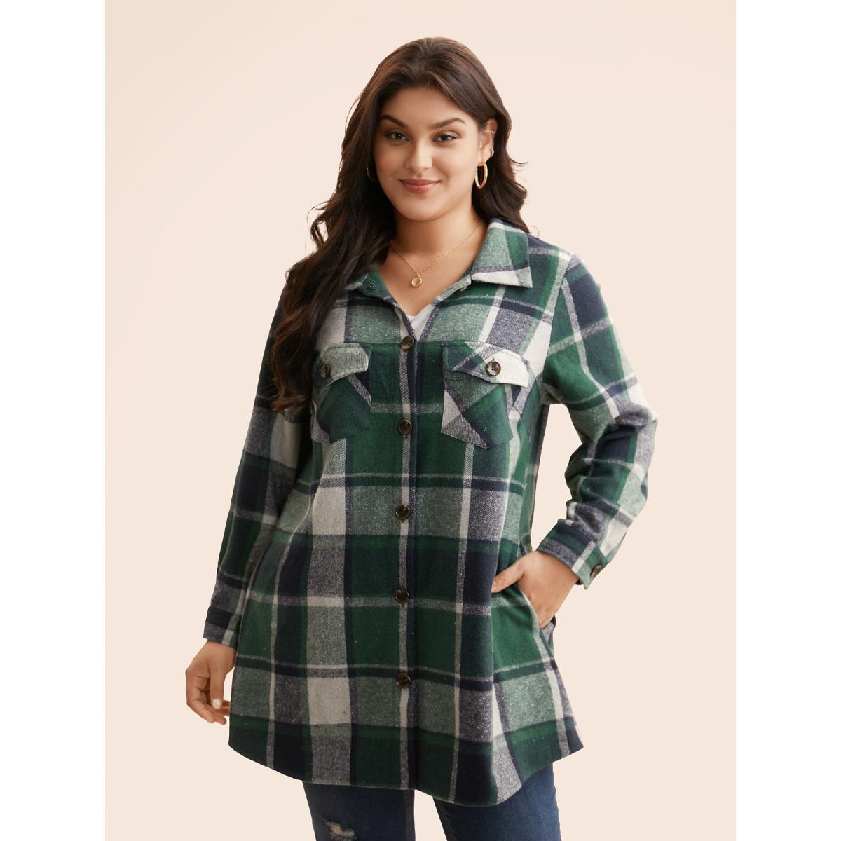 Plus Size Plaid Chest Pockets Long Jacket Women DarkGreen Button Loose Side seam pocket Everyday Jackets BloomChic 12/L Product Image