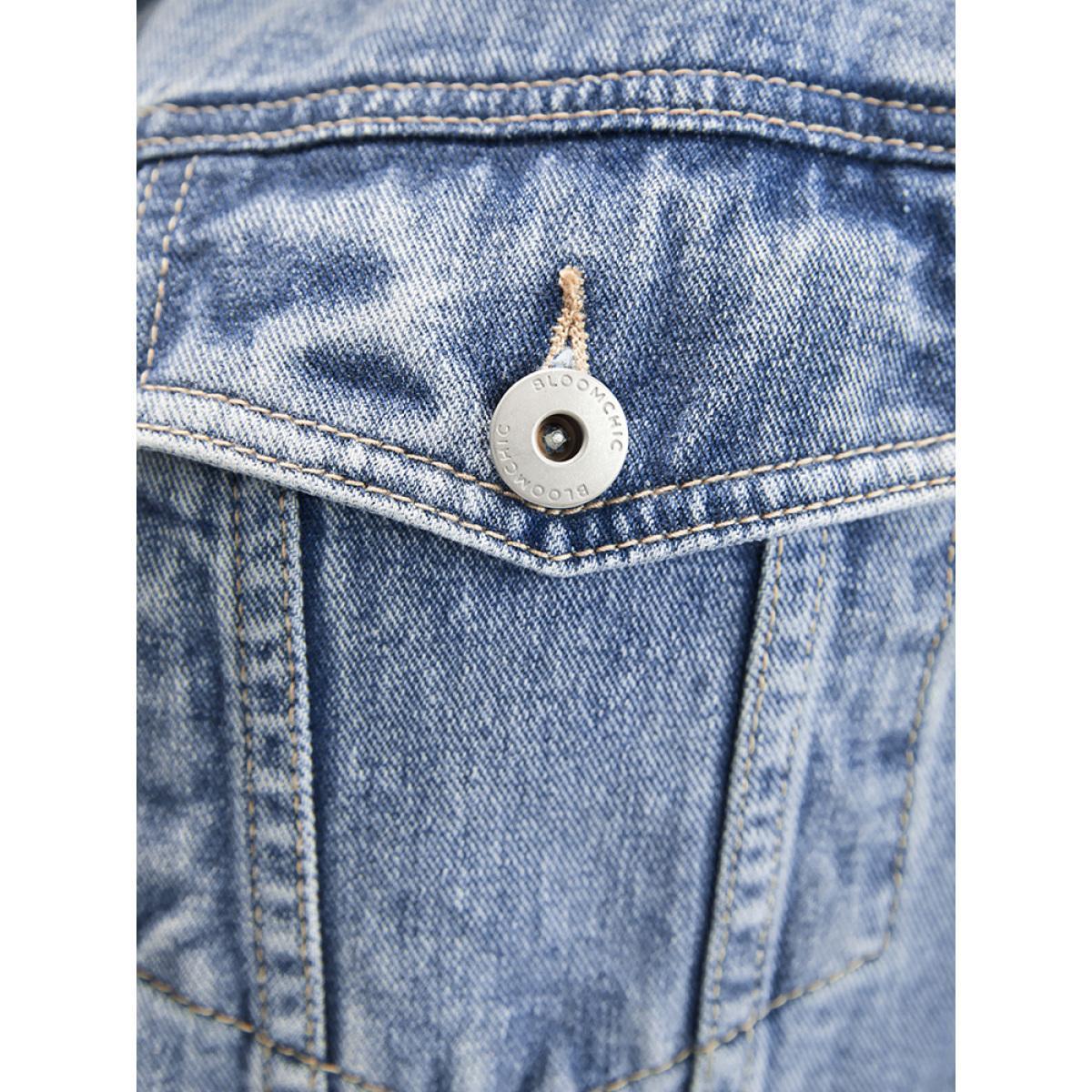 Women Solid Pocket Button Front Medium Wash Denim Jacket Aegean Plus Size Plain Dailywear Pocket Casual Denim Jackets BloomChic 10/M Product Image