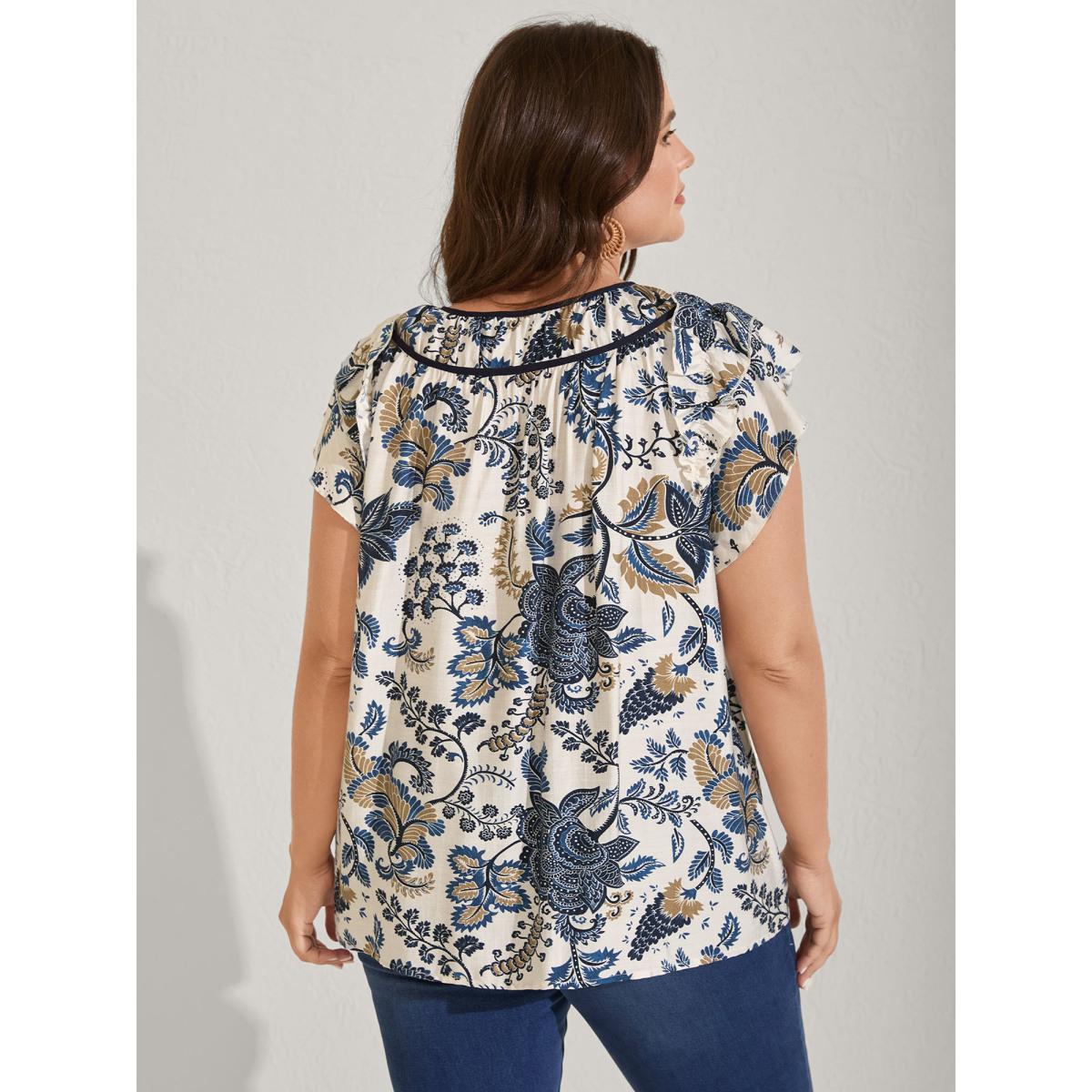 Plus Size Indigo Floral Print Contrast Neck Tie Blouse Women Cap Sleeve Round Neck Vacation Blouses BloomChic 18-20/2X Product Image