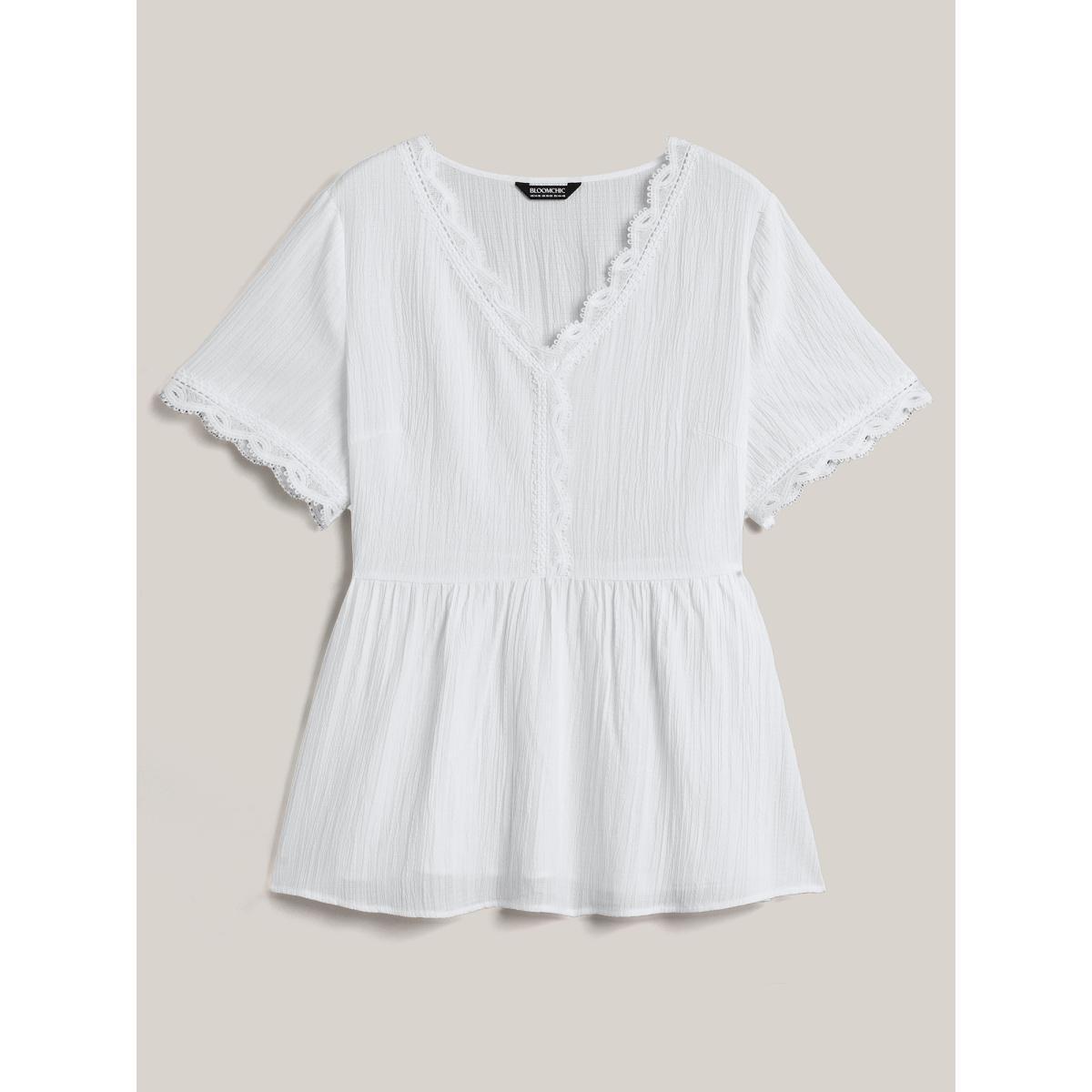 Plus Size Beige Scalloped Lace Textured Sheer Flared Shirt Women Casual Short sleeve V-neck Everyday Blouses BloomChic 18-20/2X Product Image