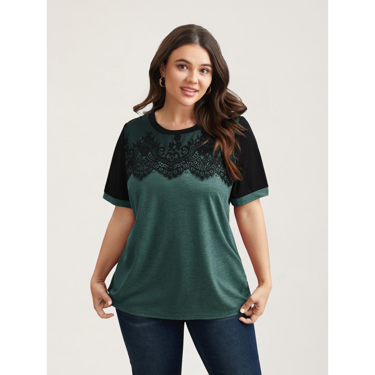 Plus Size Stretchy Scalloped Lace Color Contrast T-Shirt Indigo Women Elegant Contrast Round Neck Everyday T-shirts BloomChic 22-24/3X Product Image