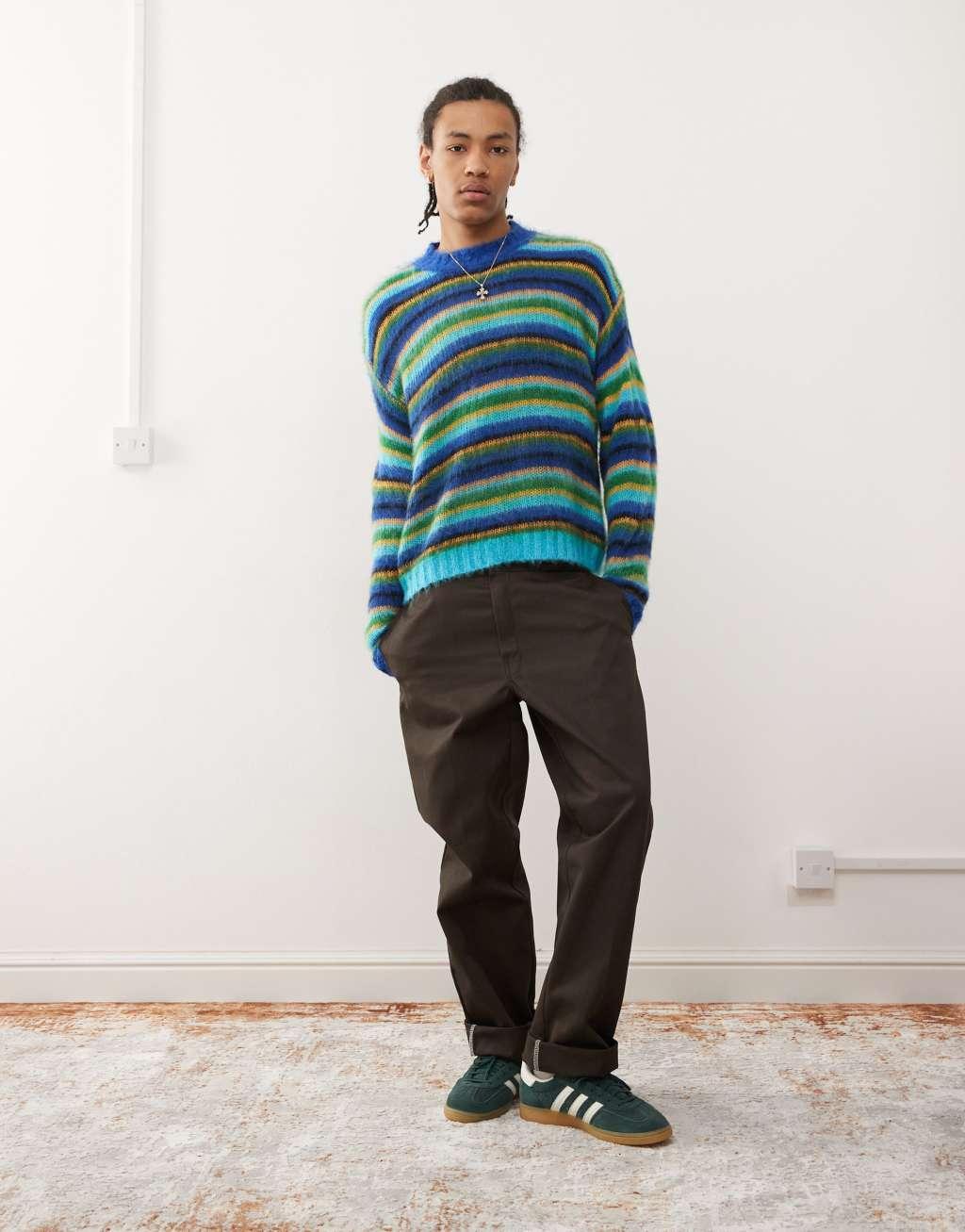COLLUSION brushed oversized crew neck sweater in green stripe Product Image
