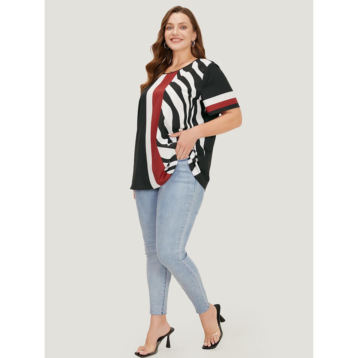 Plus Size Multicolor Striped & Geometric Print Crew Neck Blouse Women Elegant Short sleeve Round Neck Dailywear Blouses BloomChic 10/M Product Image