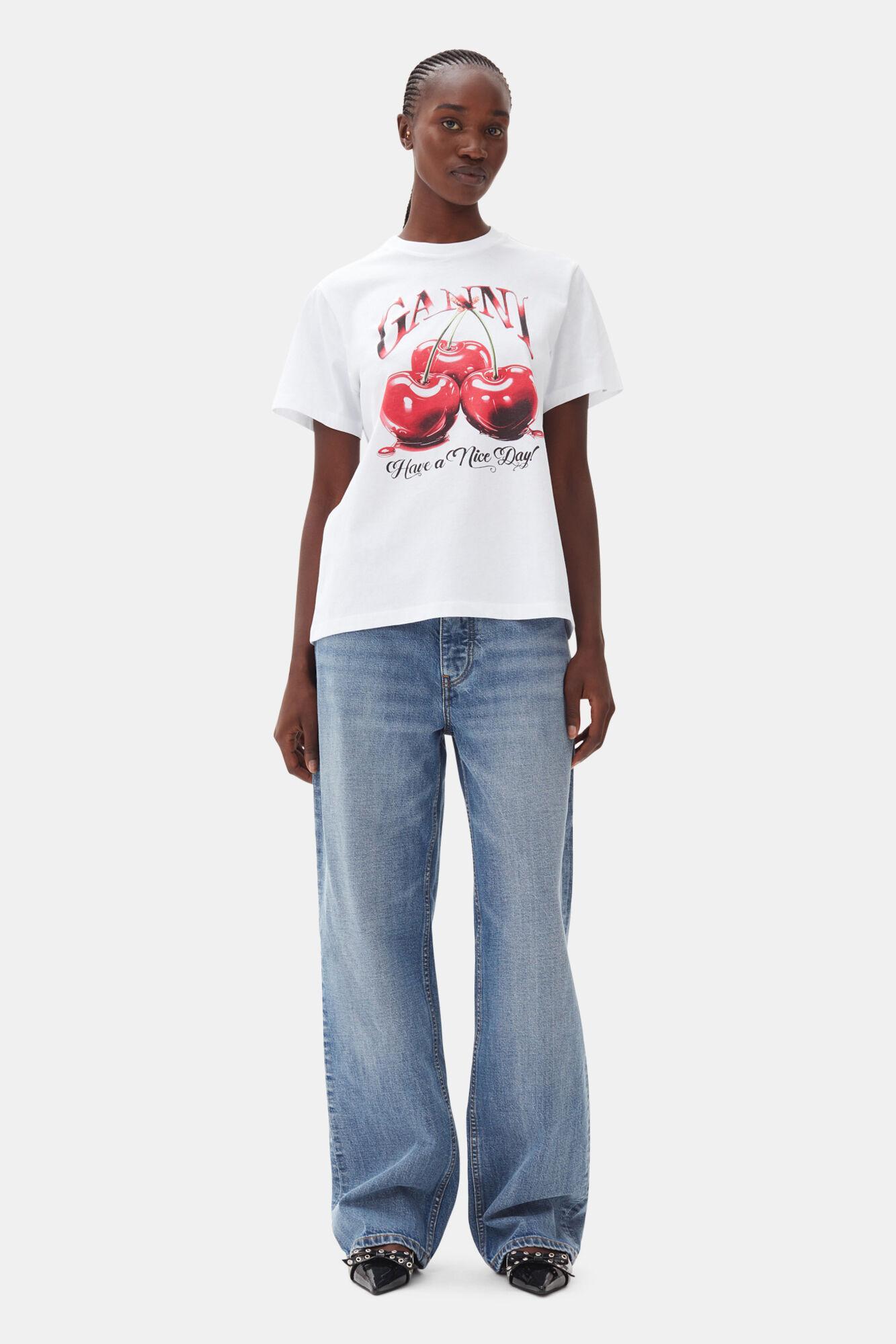 White Basic Jersey Cherry Relaxed T-shirt Product Image