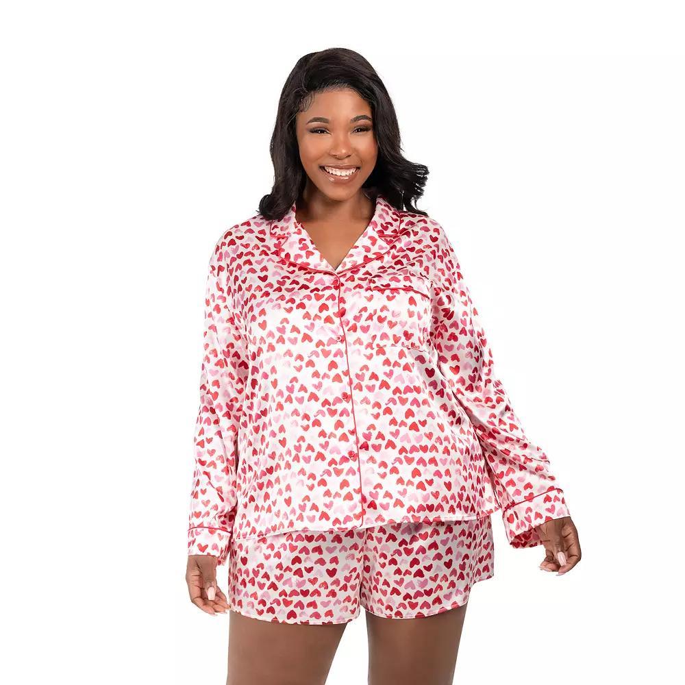 Plus Size Lilac+London 2-Piece Long Sleeve Pajama Top & Pajama Shorts Set, Women's, Size: 2XL, Pink Hearts Product Image