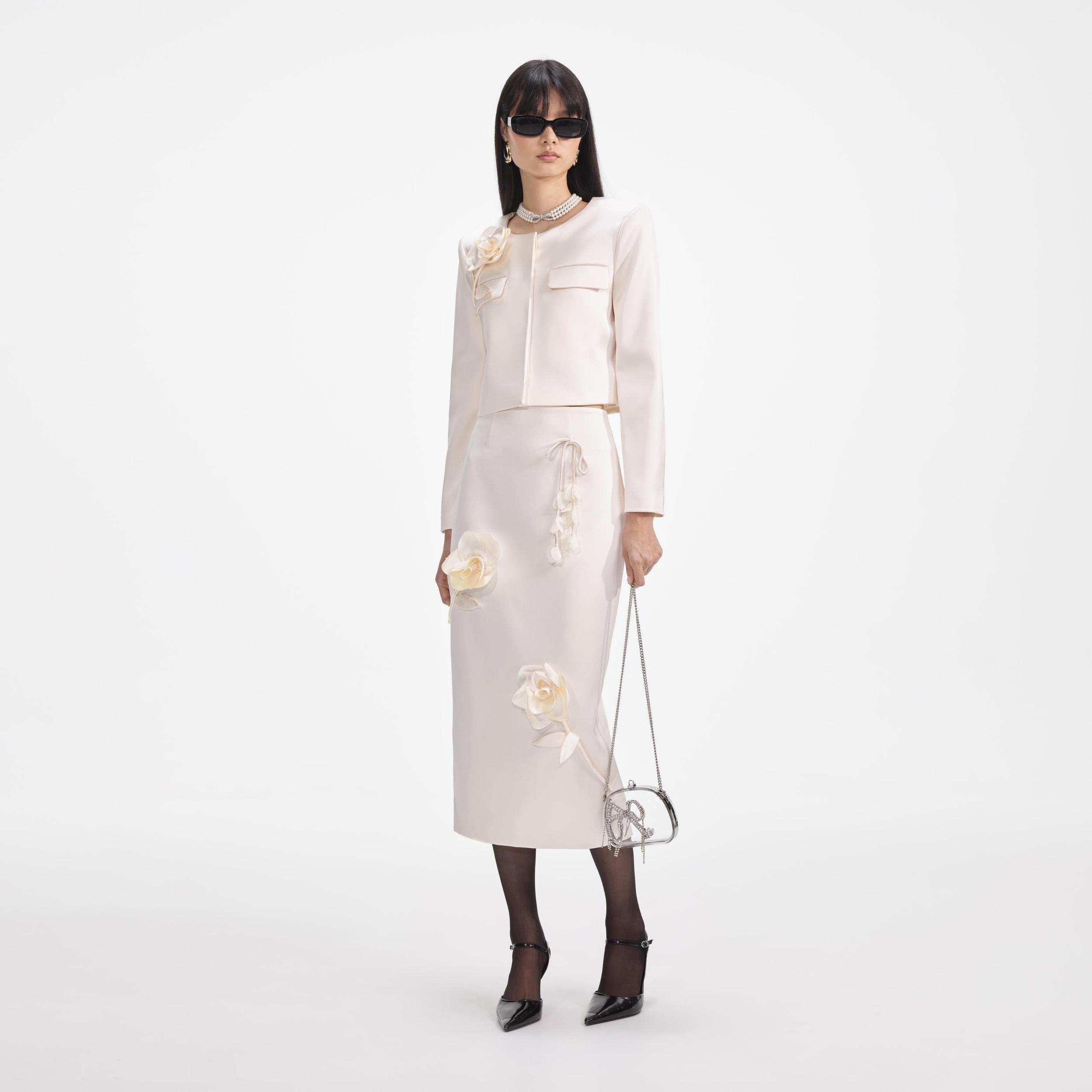 Cream 3D Flower Satin Midi Skirt Product Image