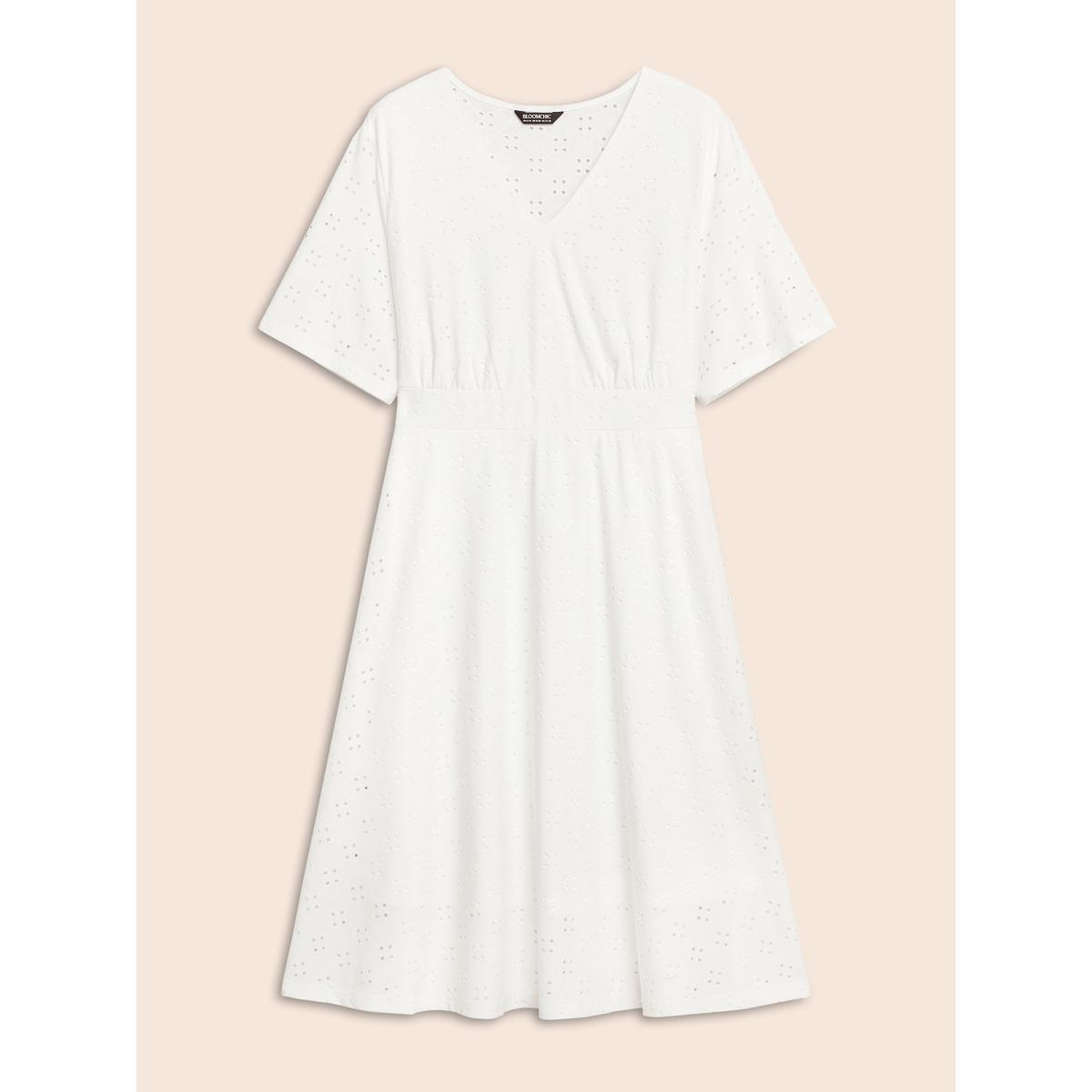 Plus Size Solid Pocket Laser Cut Surplice Neck Knee Dress Ivory Women Elegant Pocket V-neck Short sleeve Curvy Knee Dress BloomChic 14-16/1X Product Image