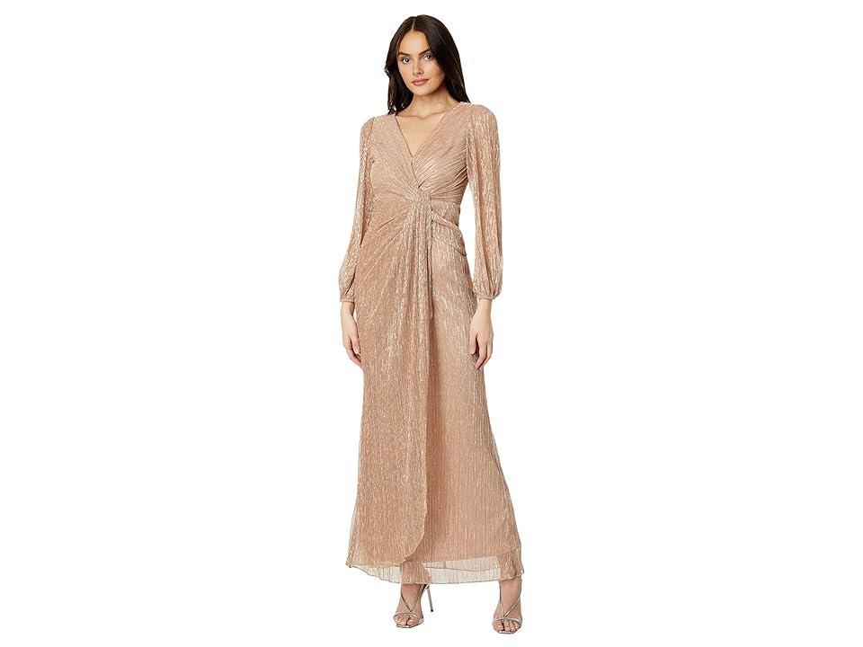 Adrianna Papell Metallic Long Sleeve Surplice V-Neck Ruched Detailed Draped Gown Product Image