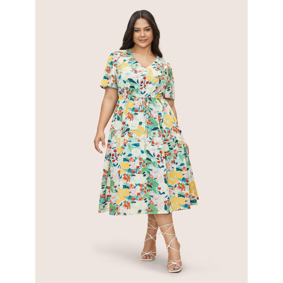 Plus Size Citrus Lemon Print Drawstring Gathered Dress Mint Women Elegant Drawstring V-neck Short sleeve Curvy Midi Dress BloomChic 18-20/2X Product Image