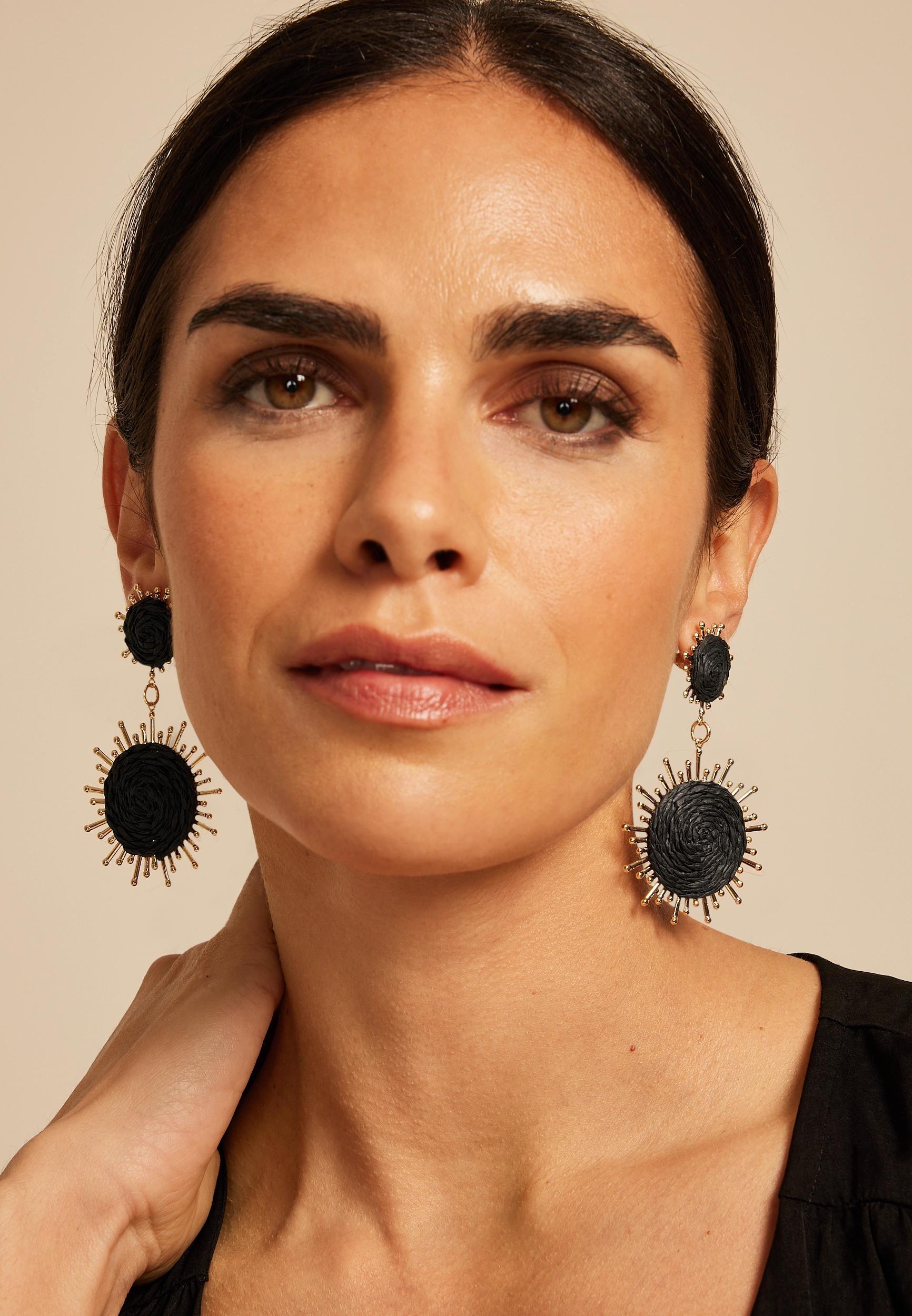 Gold And Black Raffia Sunburst Drop Earrings Product Image