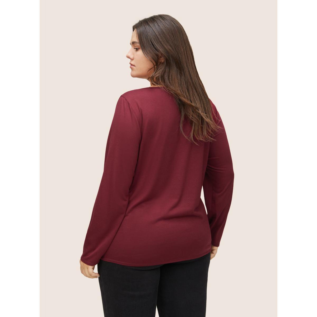 Plus Size Plain Crew Neck Ties T-shirt Burgundy Women Casual Non Plain Round Neck Everyday T-shirts BloomChic 12/L Product Image