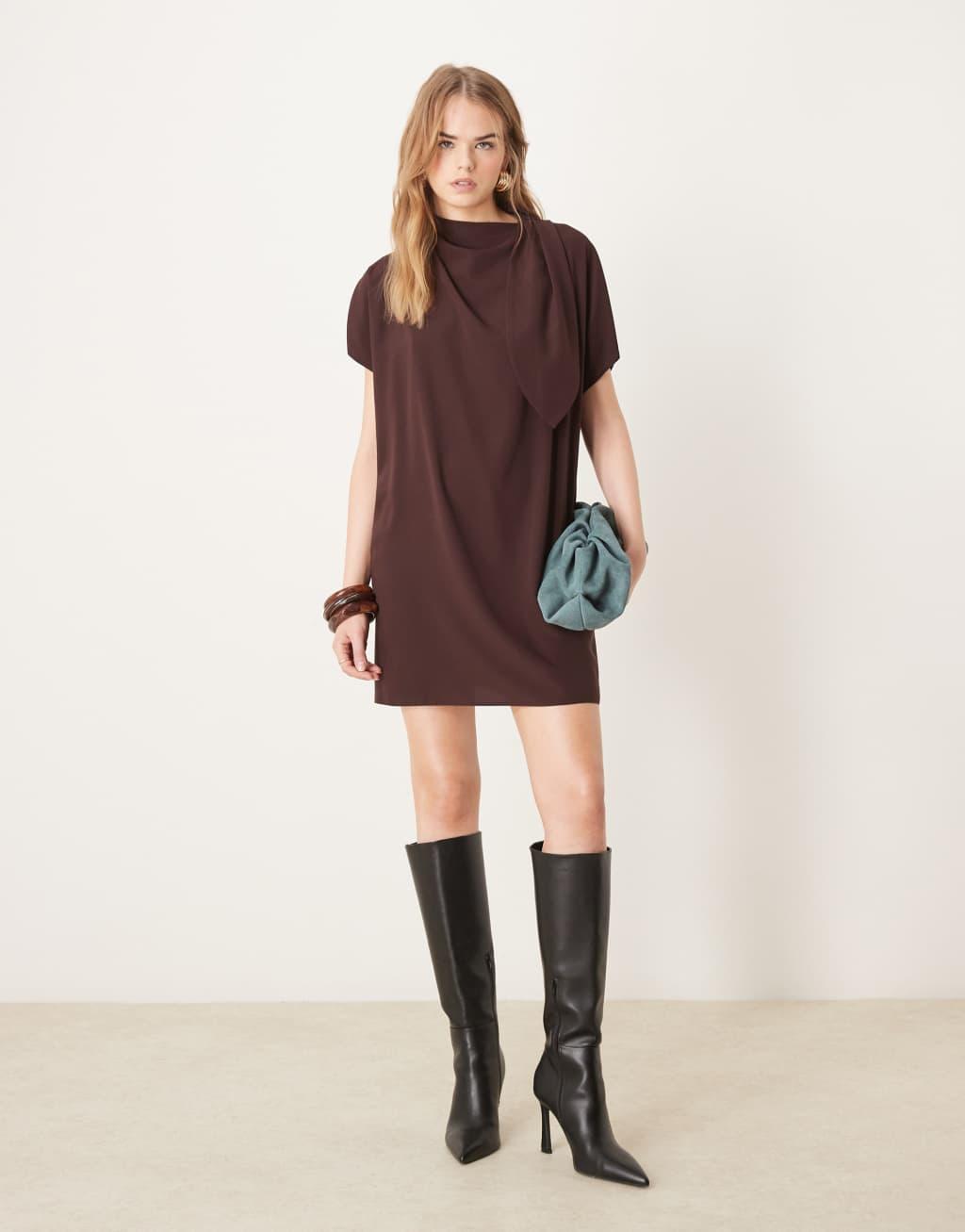 ASOS DESIGN slinky mini dress with neck tie detail in chocolate brown Product Image
